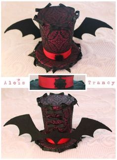 three different views of the top and bottom of a bat hat with red ribbon on it