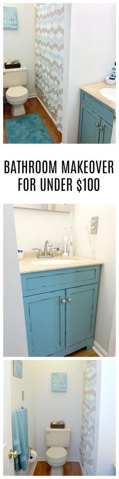 bathroom makeover for under $ 100 with blue cabinets and white toilet in the corner