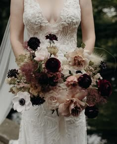 a bride holding a bouquet of flowers in her hands