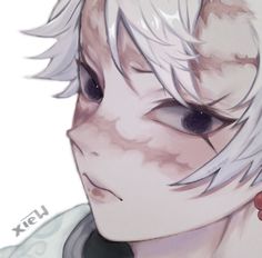 a close up of a person with white hair and an anime look on their face