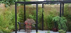 an outdoor patio area with chairs and plants