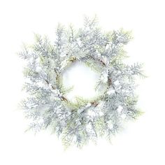 a white wreath with snow on it