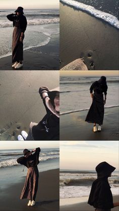 four different pictures of a woman on the beach