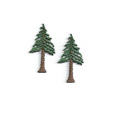 two small trees made out of wood sitting on top of a white surface, one is green and the other is brown