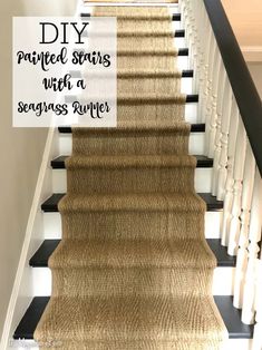 a stair runner with black and white stripes on the bottom, and an area rug that says diy painted stairs with a seagrass runner