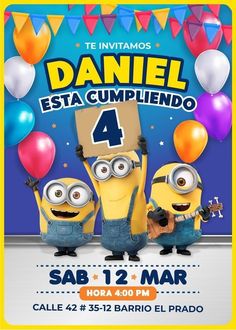 the minions movie poster with balloons and confetti on it, including two minion characters