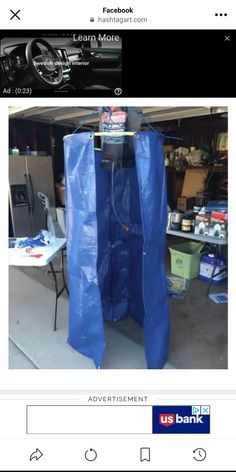 an image of a blue raincoat in the garage with text that reads, i can't wait for you to see it