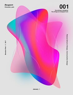 an abstract poster with pink, blue and purple shapes on a light grey background that reads 101