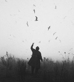 black and white photograph of a person standing in the fog with birds flying overhead