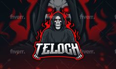 a logo for a gaming team with a hooded character in front of red flames and black background