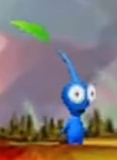 an animated image of a blue bug flying through the air with trees in the background