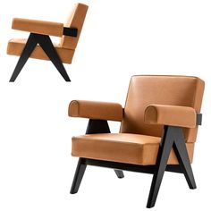 two chairs with black legs and tan leather upholstered