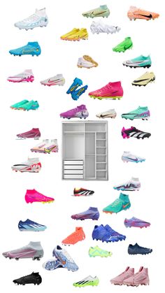 a bunch of different colored soccer shoes in front of a white background