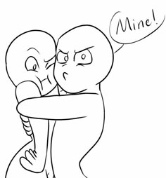 two cartoon characters hugging each other with the word mine written above them in black and white