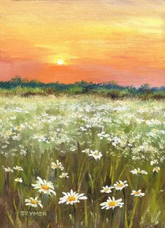 an oil painting of daisies in a field at sunset