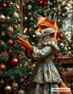 a painting of a fox dressed as a victorian era woman in front of a christmas tree