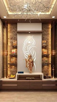 a buddha statue in the middle of a room with shelves and chandelier above it