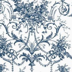 a blue and white wallpaper with floral designs