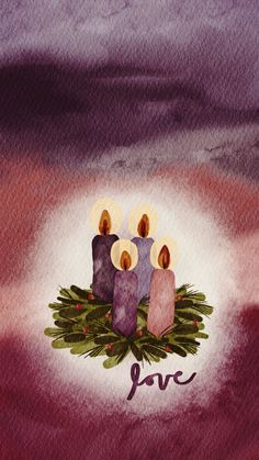 watercolor painting of candles with the word love written on them in front of a purple background