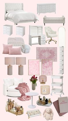 a collage of white furniture and accessories against a pink background, including a bed