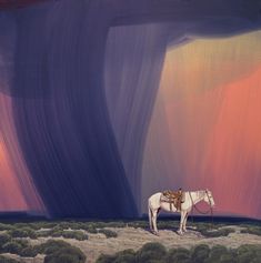 a painting of a white horse standing in front of an orange and purple sky with clouds