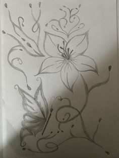 a drawing of a flower with swirls and leaves on it's back side