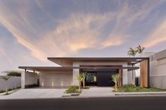 a modern house with palm trees in the front yard and an open garage door on one side