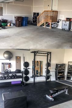 there are two pictures of the inside of a home gym with equipment and other things