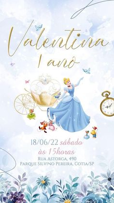 an advertisement for a princess themed party with flowers and other things in the background, including a horse drawn carriage