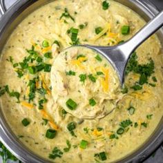 a ladle full of soup with green onions and cheese