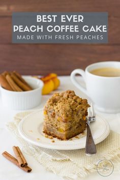 A slice of peach coffee cake on a plate, with a cup of coffee in the background. Fresh Peach Coffee Cake, Peach Coffee Cake, Peach Coffee, Cinnamon Coffee Cake, Cinnamon Coffee, Peach Recipe, Fun Recipes, Crumb Topping, Crumble Topping