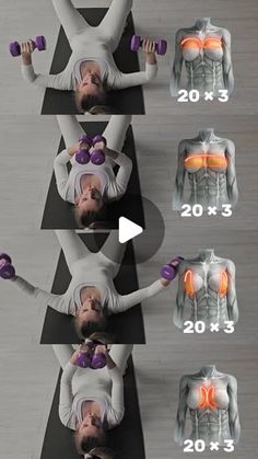 the woman is doing exercises with dumbbells on her chest and arms, while holding two purple dumbbells in each hand