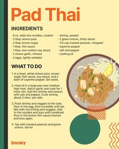 the recipe for pad thai noodles is shown in an illustration with instructions on how to make it