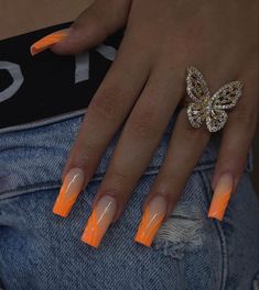 Fashion Nails 2023 Summer, Orange Tips Nails, Orange Acrylic Nails Coffin, Short Orange Nail Designs, Nail Inspo Orange, Orange Nails Acrylic, Beginners Nails, Diy Nail Care, Nail Maintenance