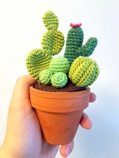 a hand holding a small crocheted cactus in a pot