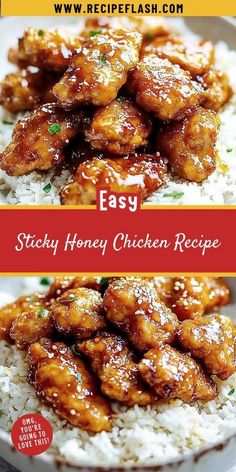 the recipe for sticky honey chicken is shown on top of rice and sits in a white bowl