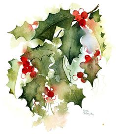 a watercolor painting of holly with red berries