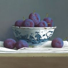 a painting of plums in a blue and white bowl