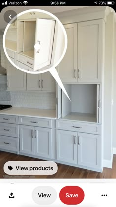 the kitchen cabinets are painted white and have an empty speech bubble above them that says pocket doors in kitchen cabinetry 1 project too