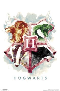 the hogwarts crest is painted in watercolor and has an image of two different animals on it