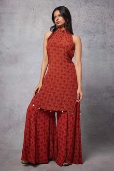 Shop for Senren by Eshana Raut Red Crepe Swirl Line Print Kurta With Sharara for Women Online at Aza Fashions Kurta Unique Designs Women, Kerala Style Churidar Designs, High Neck Suit Designs, Rakhi Special Dress For Women, Kurta Dress Designs, Planetarium Outfit Ideas, Types Of Kurtas For Women, Indian Work Outfits Women, Halterneck Kurta