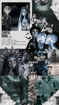 a collage of different images with the words corpse bride written on them and an image of