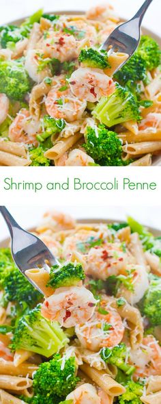 shrimp and broccoli penne pasta in a white bowl with two servings