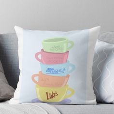 three stacked coffee mugs with the words like's written on them throw pillow