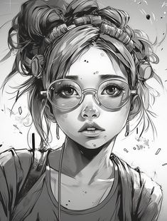 a drawing of a girl with glasses and hair in her bun, looking at the camera