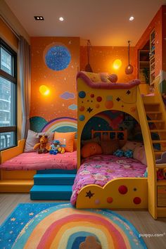 a child's bedroom decorated in bright colors