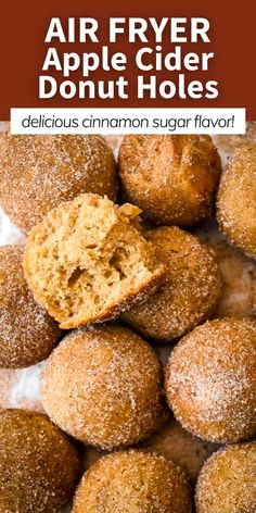 an image of apple cider donut holes with cinnamon sugar on top and text overlay