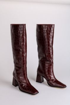 Intentionally Boots TGIF knee high boot embossed maroon leather |  PIPE AND ROW Oxblood Boots, Maroon Boots, Anthropologie Fall, Jessica Pearson, Crocodile Boots, Shoes Wishlist, Leather Sweater, Slingback Mules, Holiday Dresses Women