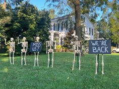 skeleton lawn decorations with we're back signs in front of a large white house