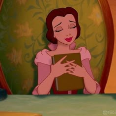 an animated image of a woman holding a book in front of her face and looking at the viewer